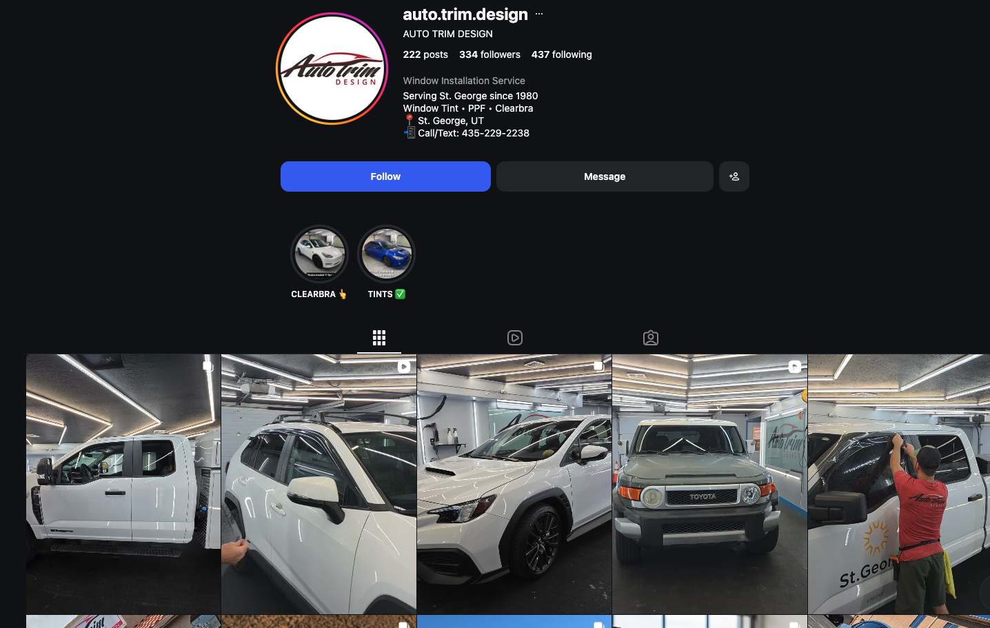 Auto Trim Design Instagram profile with a grid of vehicle and installation photographs