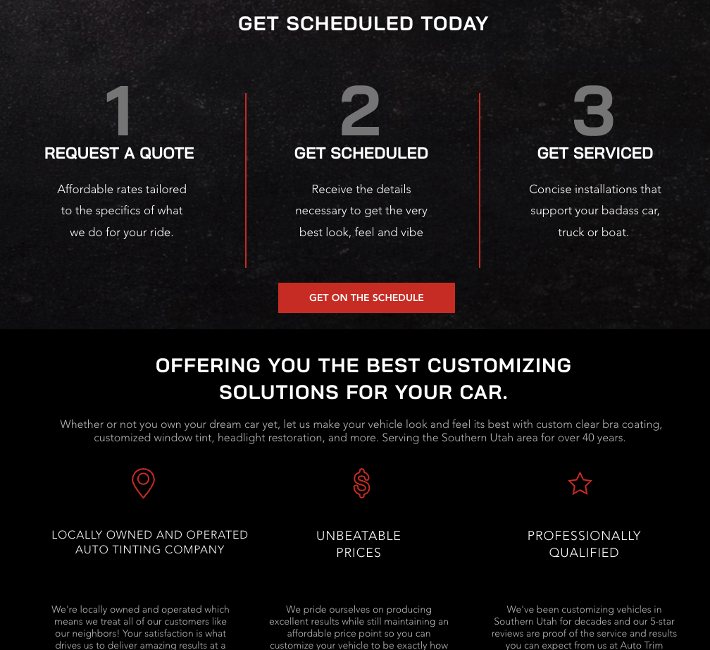 Auto Trim Design website section explaining Request a Quote, Get Scheduled and Get Serviced