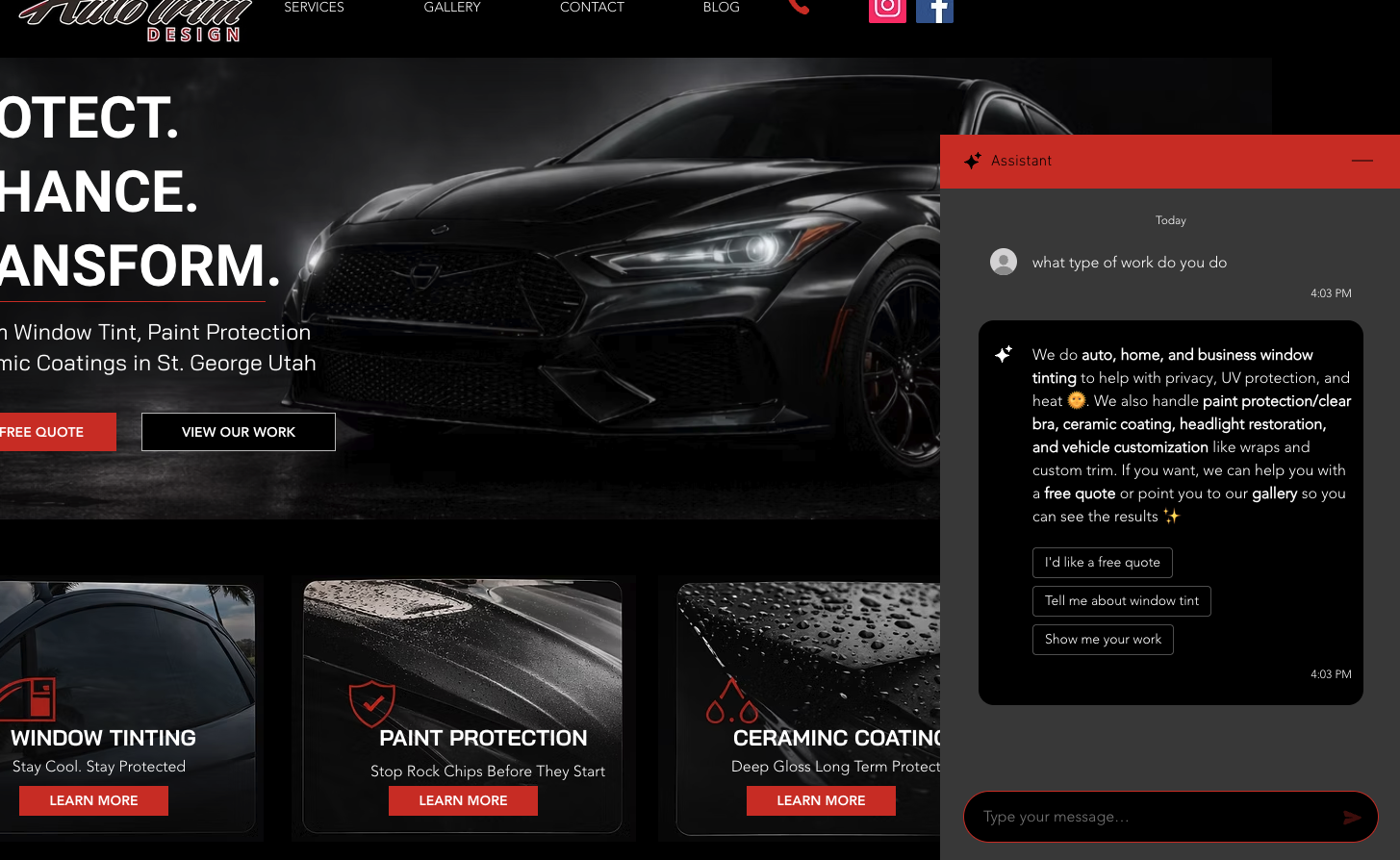 Auto Trim Design website AI assistant explaining services and showing prompts for a quote, window tinting and examples of the work
