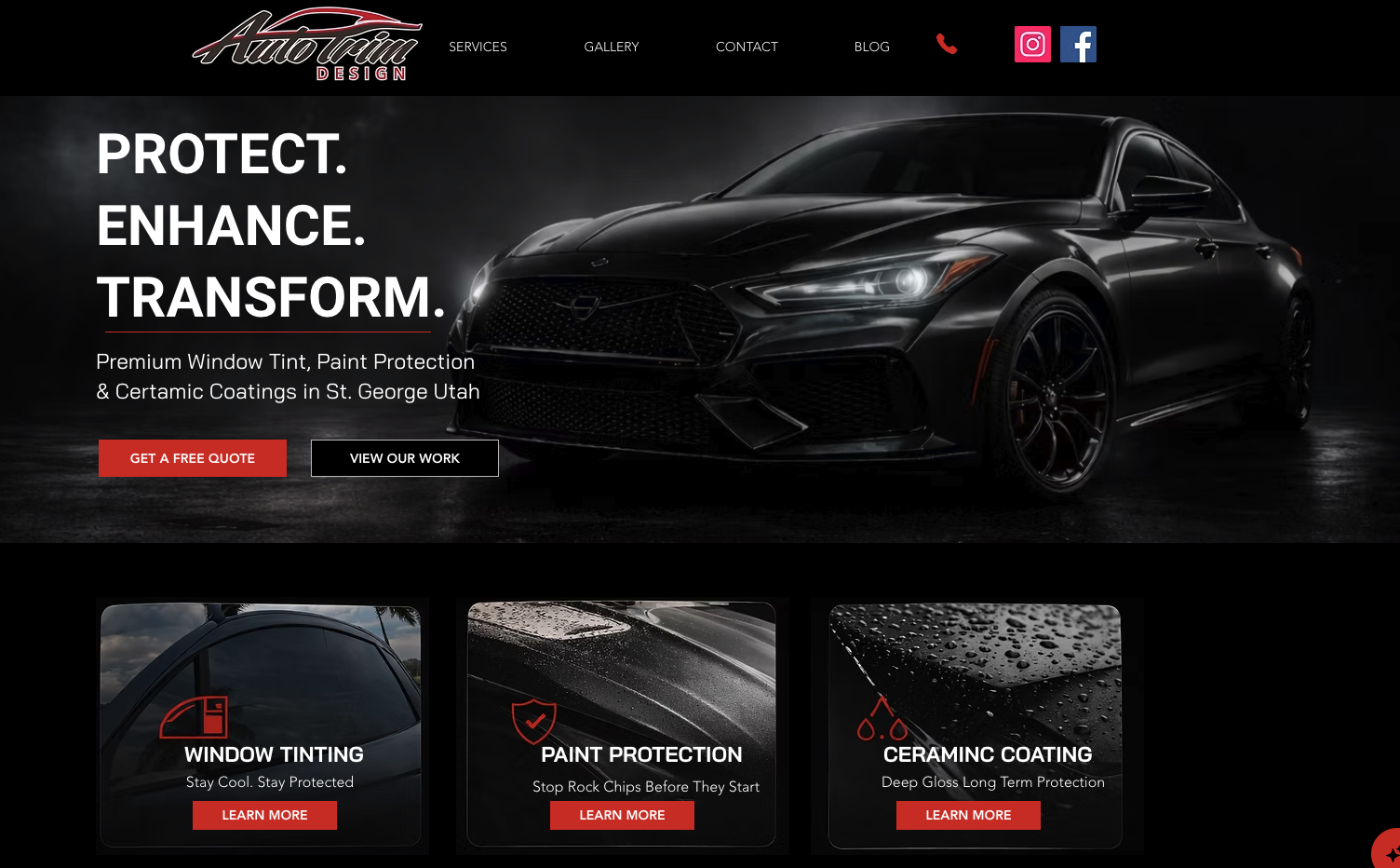 Auto Trim Design website homepage with black vehicle imagery, red quote button and service cards for window tinting, paint protection and ceramic coating