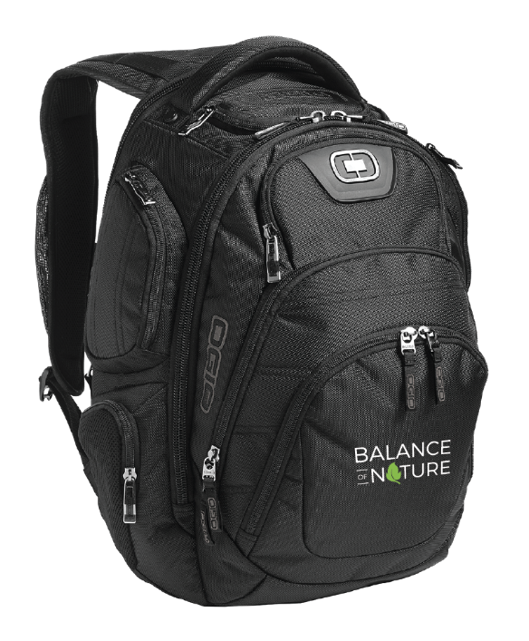 Balance of Nature wordmark applied to a black backpack