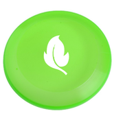 White leaf symbol on a bright green flying disc