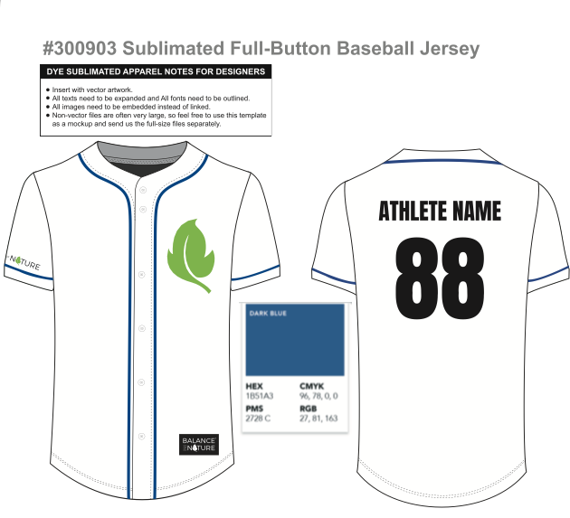 Front and back jersey concept with green leaf graphic, blue piping and artwork notes