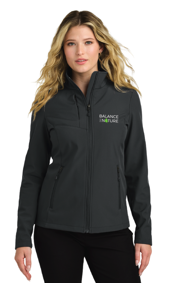 Balance of Nature wordmark applied to a charcoal women’s jacket