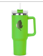 Bright green handled tumbler with a dark green leaf symbol