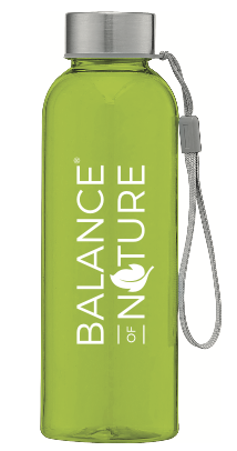 Green water bottle with vertical white Balance of Nature wordmark