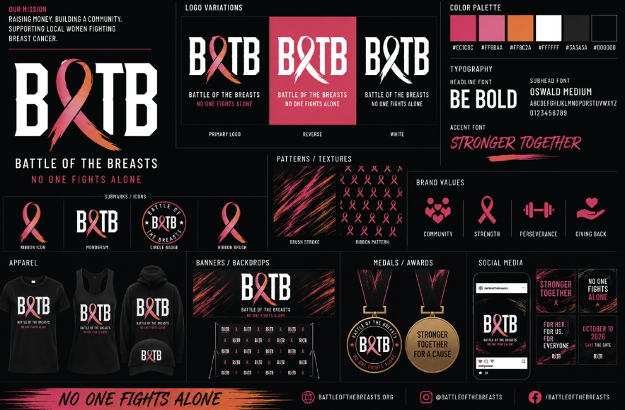 Battle of the Breasts brand system with logo variants, color palette, typography, apparel and event applications