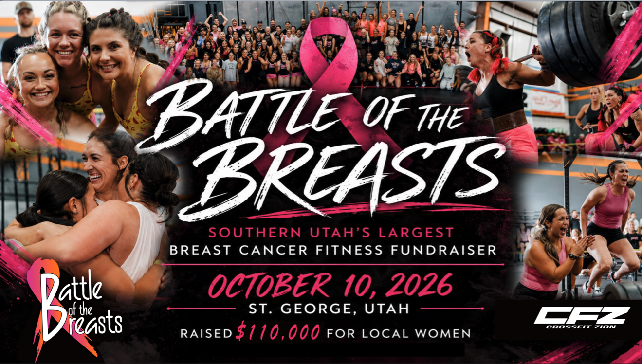 Battle of the Breasts campaign presentation combining event photography, typography and the breast cancer awareness ribbon