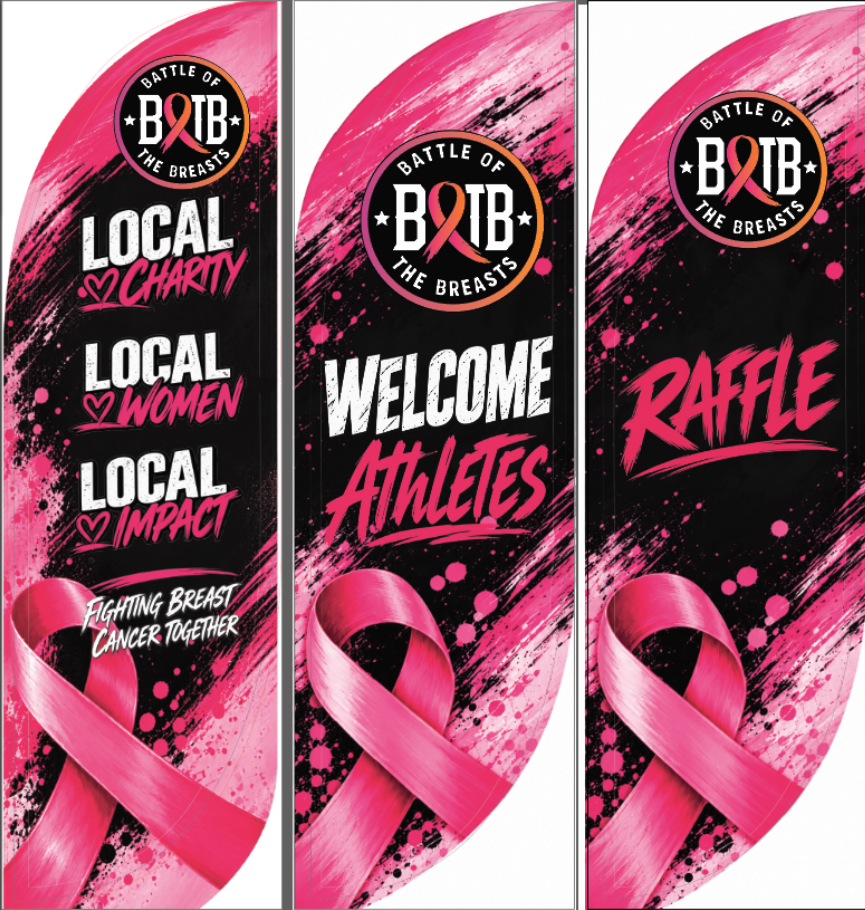 Three pink Battle of the Breasts feather-flag concepts for local impact, athlete welcome and raffle messaging