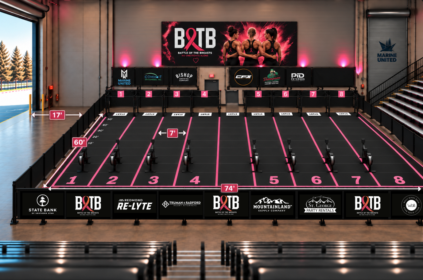 Battle of the Breasts competition-floor concept showing branded backdrop, sponsor banners and pink lanes