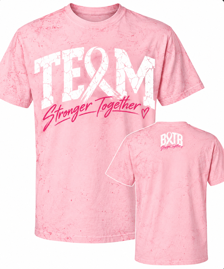 Pink Stronger Together shirt artwork shown on front and back apparel mockups