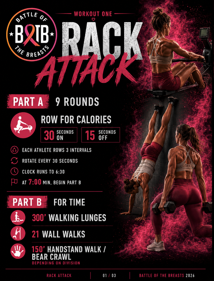 Rack Attack workout graphic with athlete imagery, movement symbols and workout instructions