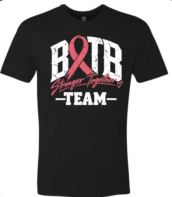 Black Battle of the Breasts team shirt mockup with ribbon and Stronger Together lettering
