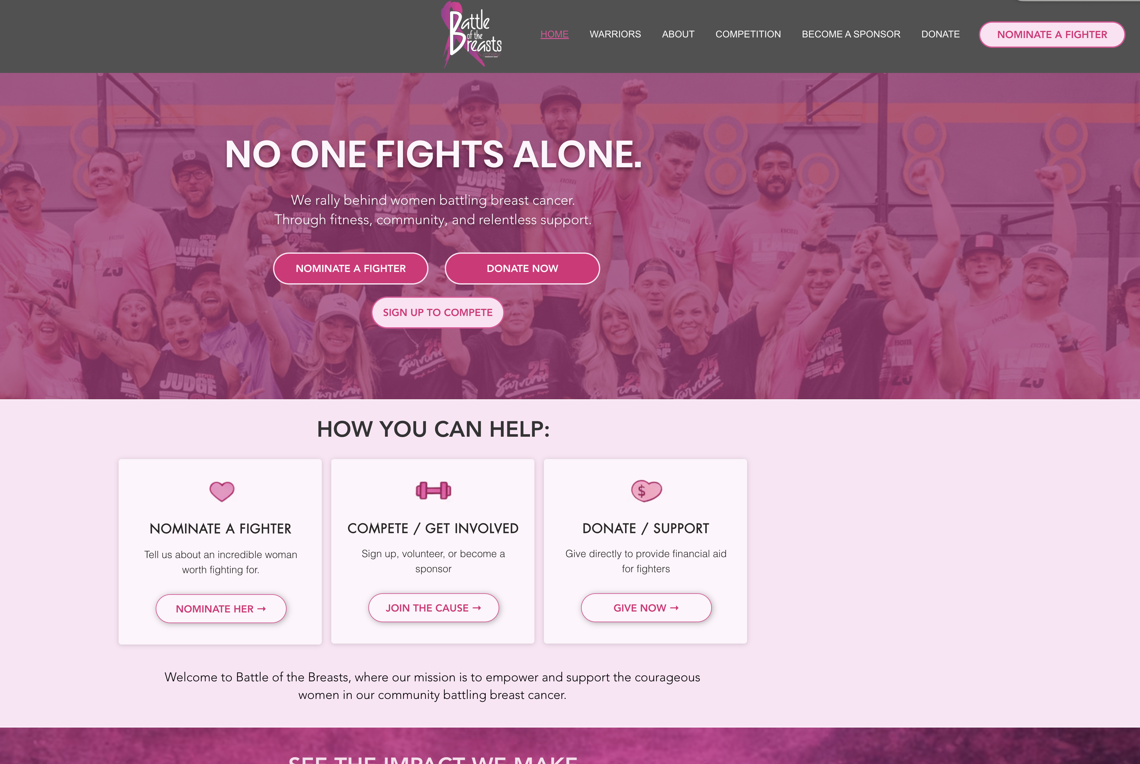 Battle of the Breasts website design with event information and ways to participate and support