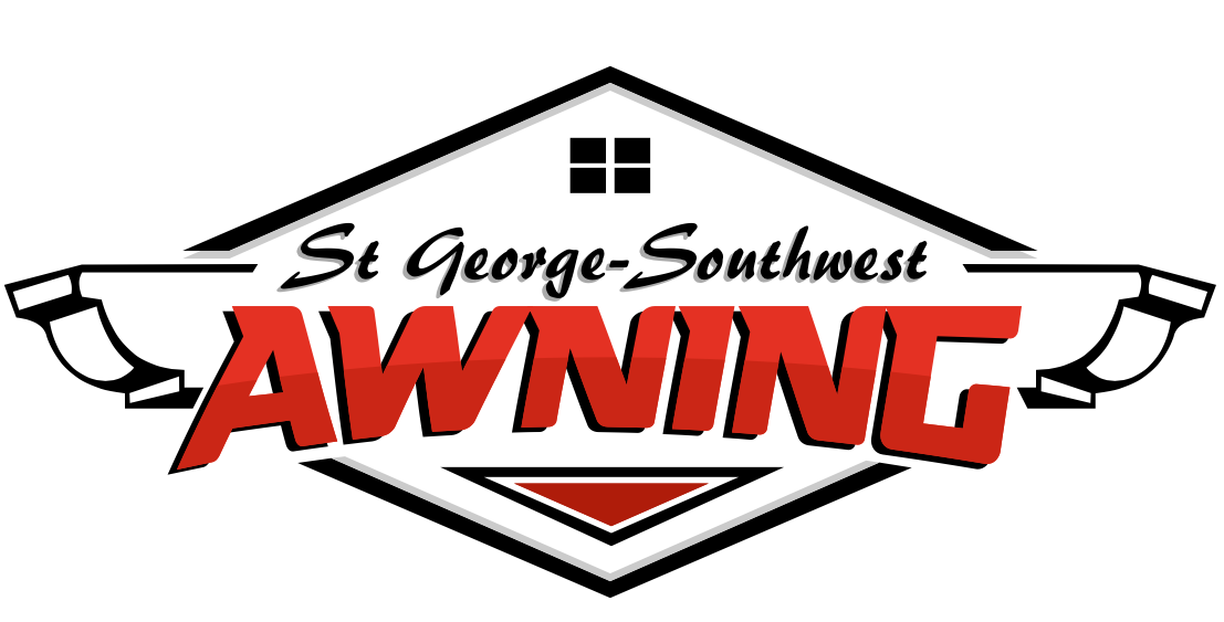 Combined St. George–Southwest Awning logo with roofline, red lettering and black outlined badge
