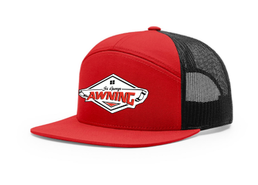 Red and black mesh cap mockup with the awning identity on the front