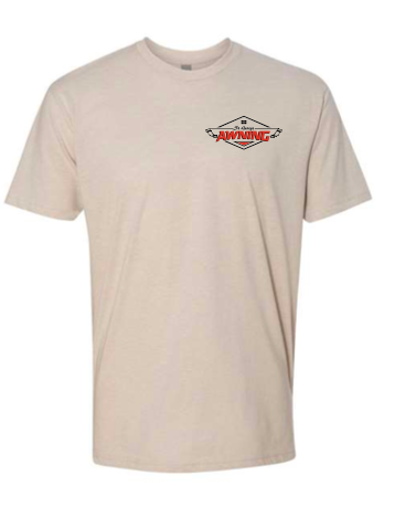 Light neutral shirt mockup with a small St. George Awning chest print