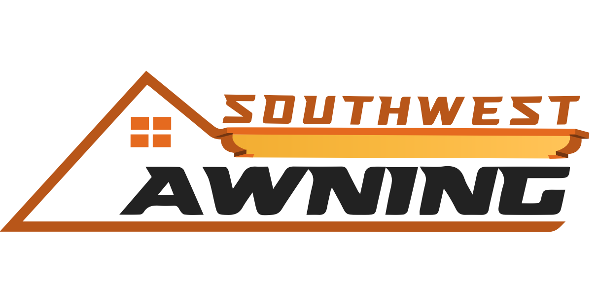 Southwest Awning logo exploration with an angular roofline and orange awning line