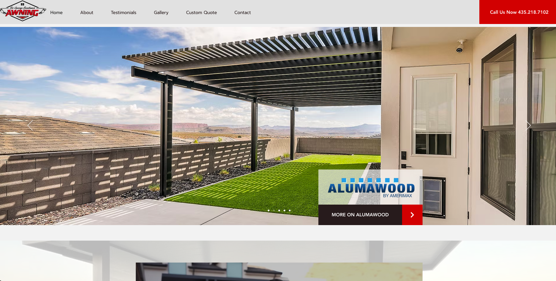 St. George–Southwest Awning website with combined logo, installed patio-cover photography and red call-to-action accents