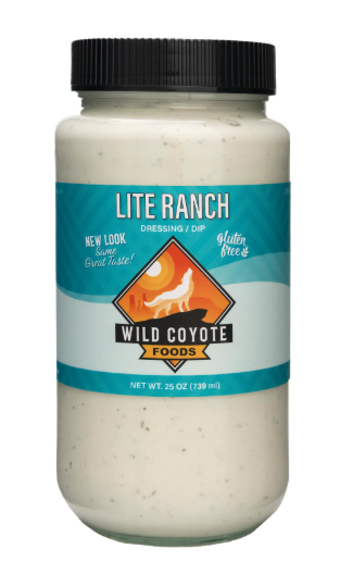 Actual Wild Coyote Foods Lite Ranch dressing and dip in the finished 25-ounce jar with a black cap and turquoise label