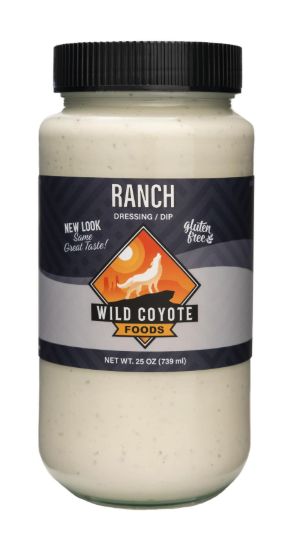 Actual Wild Coyote Foods Ranch dressing and dip in the finished 25-ounce jar with a black cap and navy label