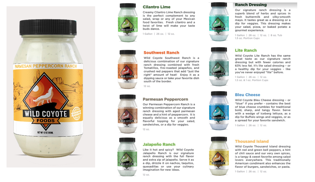 Wild Coyote packaging development sheet showing a large bottle mockup and multiple flavor studies