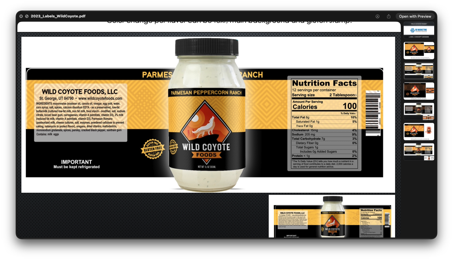 Original Wild Coyote working label screenshot showing a bottle mockup and flat wrap layout