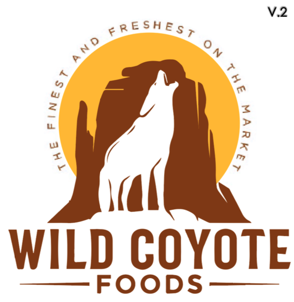 Wild Coyote logo concept combining a coyote silhouette, mesa and yellow sun