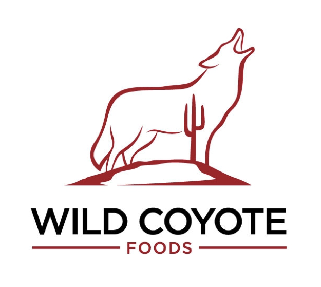 Wild Coyote line-art logo concept with red coyote outline and cactus