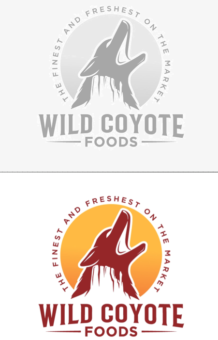 Coyote-profile logo study with desert forms in grayscale and red-and-yellow variants