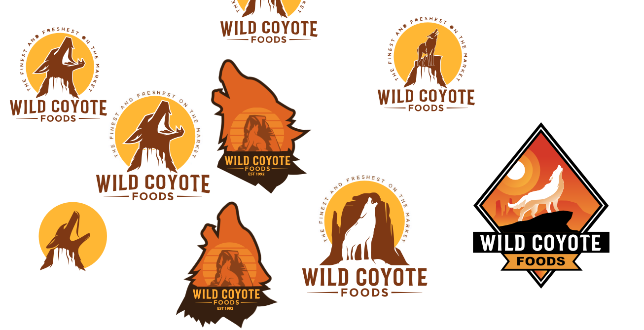 Working sheet of Wild Coyote logo alternatives and the developed diamond mark