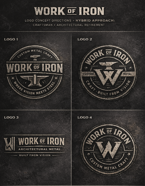 Four early Work of Iron logo concepts using industrial badges, tools and a monogram