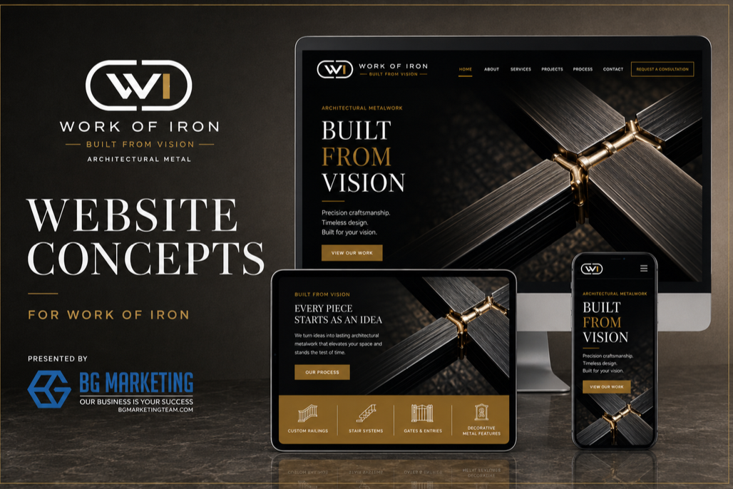 Work of Iron website concept presentation with desktop, tablet and mobile mockups