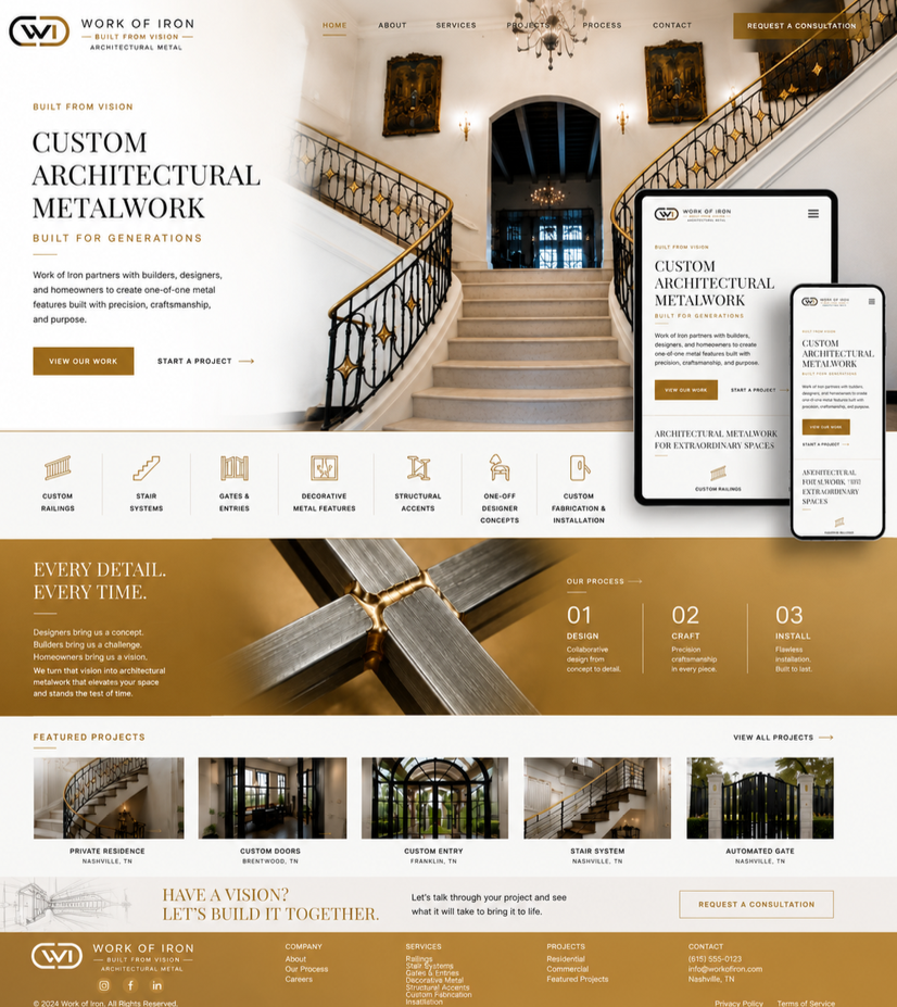 Work of Iron website design presentation showing an architectural hero, services, process, projects and responsive mockups